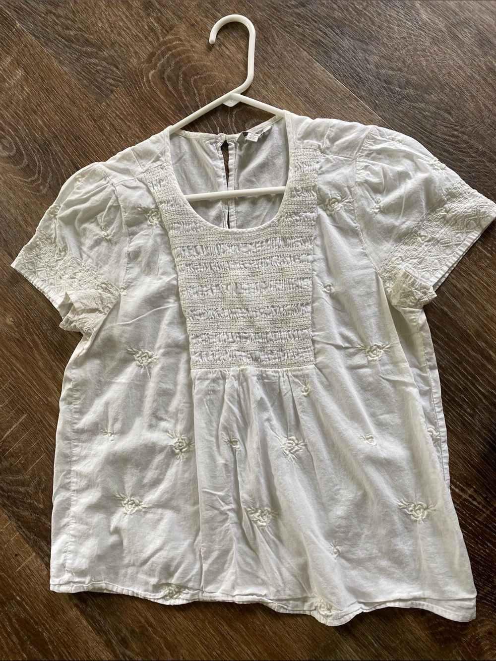 Lucky Brand White Lightweight Cotton Smocked Peasant Blouse